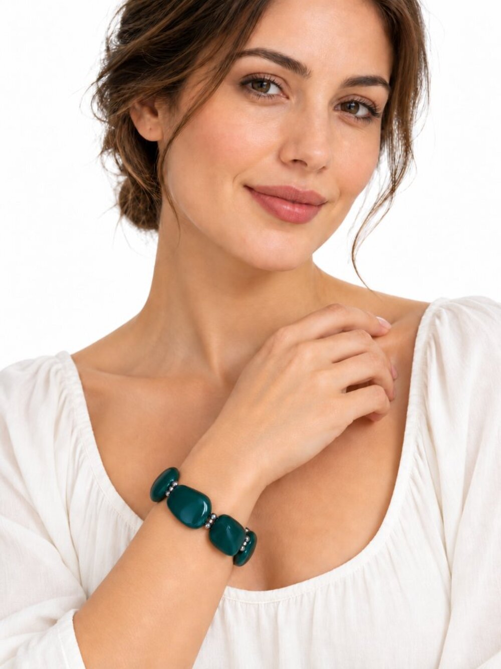 Vintage Lucite Jade Green Beaded Bracelet Silver Tone Chunky Stretch
